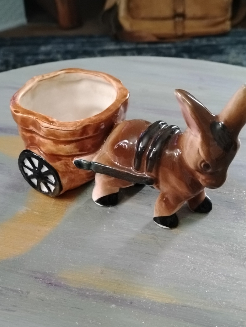 Vintage Brown Ceramic Donkey Planter with Cart - Home Accents